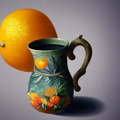 Image similar to still art, antique jug with palms inside, old candle, much vegetables, lemon, orange, pepper, cinematic light, detailed, digital art, concept art, trending on artstation, highly detailed, intricate, sharp focus, digital art, 8 k