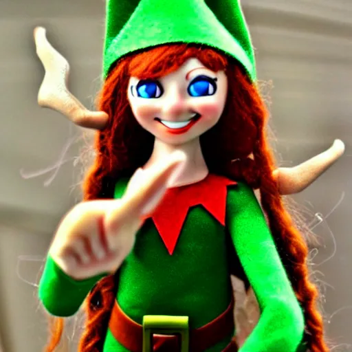 Image similar to elf druid, feminine, smiling, freckles, green eyes, red hair, tall