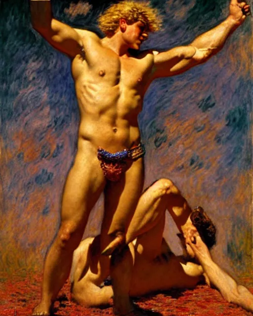 Image similar to heroic alexander the great stands upon the mighty and fallen achilles, he is victorious and gleeful, painting by tom of finland, gaston bussiere, craig mullins, j. c. leyendecker, claude monet