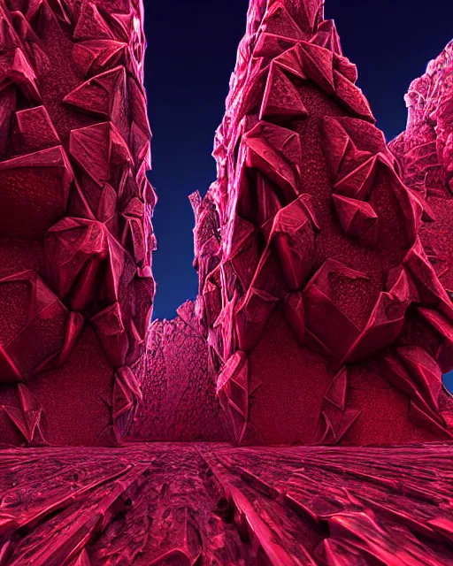 Image similar to futuristic sci fi exterior crystal jagged textured obelisk structures made out of red mandelbulb glowing crystal energy on the nuclear reactor unreal engine volumetric lighting subsurface scattering