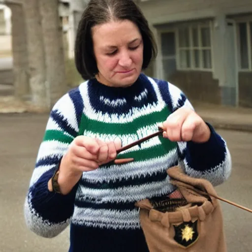 Image similar to female police officer knitting a sweater