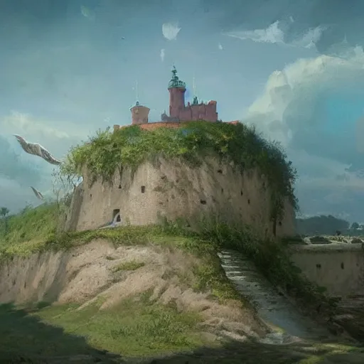 Image similar to greg rutkowski painting of an island flying in the air above a barren wasteland, on the island there is a cracow wawel castle and a lot of green vegetation, beautiful, detailed