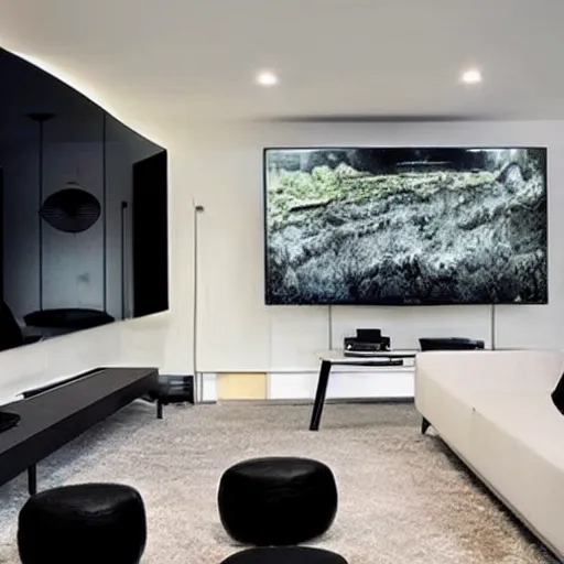 Prompt: a modern designed futuristic living room with a floating tv in the future