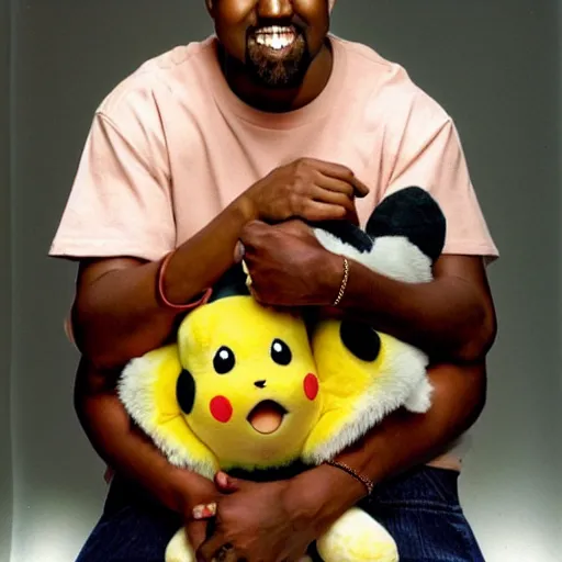 Image similar to kanye west smiling holding pikachu for a 1 9 9 0 s sitcom tv show, studio photograph, portrait c 1 2. 0