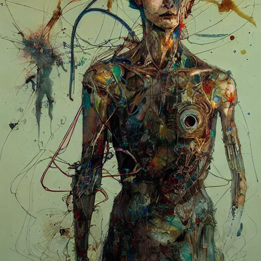 Image similar to the last wanderer of earth, post - apocalyptic wasteland, wires cybernetic implants, in the style of adrian ghenie, esao andrews, jenny saville, surrealism, dark art by james jean, takato yamamoto