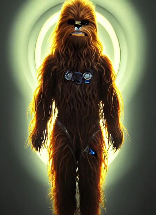 Image similar to symmetry!! portrait of chewbacca, sci - fi robot arm, tech wear, glowing lights!! sci - fi, intricate, elegant, highly detailed, digital painting, artstation, concept art, smooth, sharp focus, illustration, art by artgerm and greg rutkowski and alphonse mucha