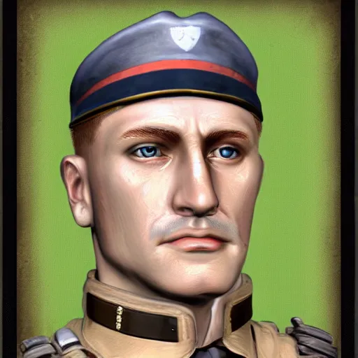 Prompt: Face portrait of dieselpunk soldier, hearts of iron portrait style