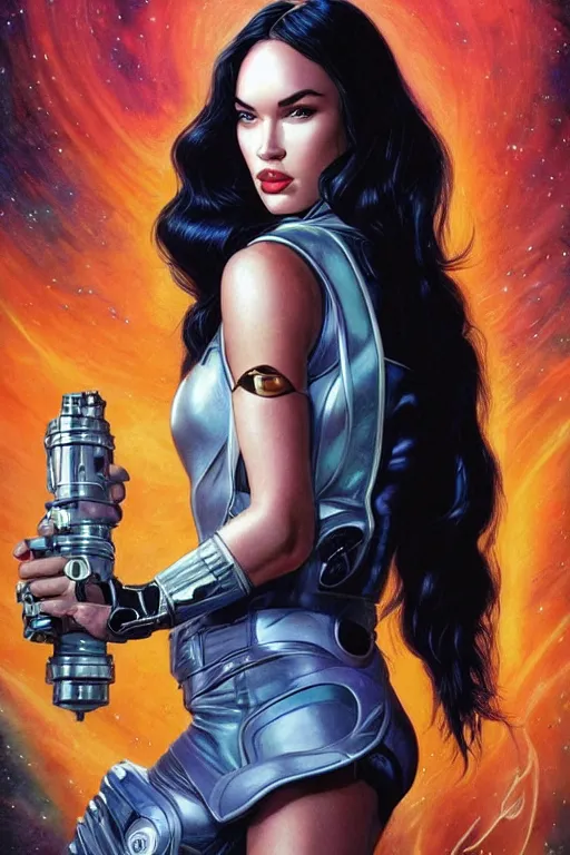 Image similar to young Megan Fox as a ruggedly beautiful retro SCI-FI space heroine 1985 , movie poster, intricate, elegant, highly detailed, centered, digital painting, artstation, concept art, smooth, sharp focus, illustration, art by artgerm and donato giancola and Joseph Christian Leyendecker, Ross Tran, WLOP