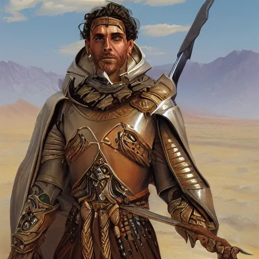 Prompt: a portrait of a paladin in the desert, stern face, D&D, digital painting by Gerald Brom, highly detailed