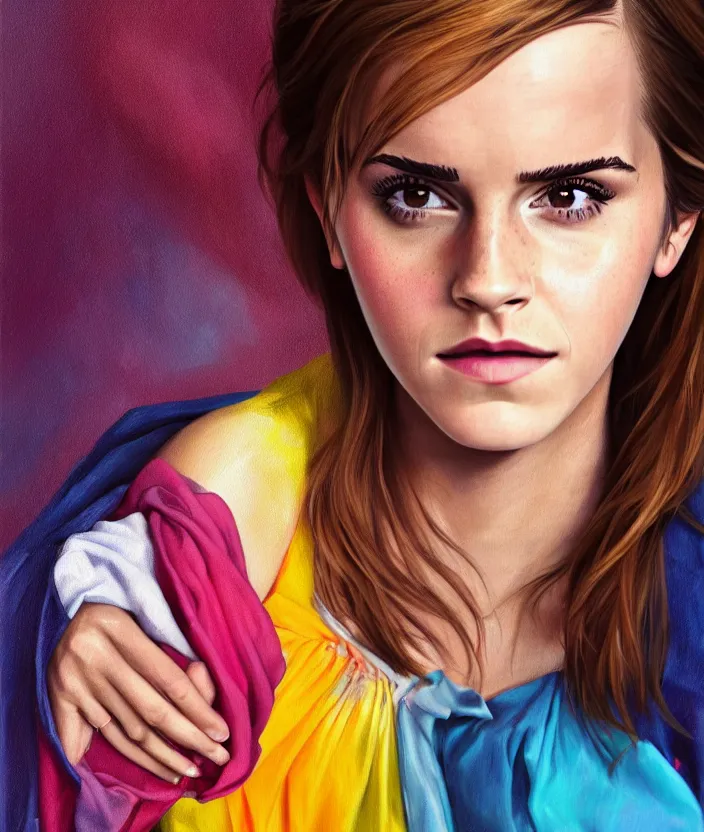 Prompt: step - sis emma watson gets stuck doing the laundry, oil painting, aesthetic face, symmetrical face, female anatomy, female, bright, colorful, portrait, character portrait, concept art, symmetrical, 4 k, macro detail, realistic shadows, bloom, cosplay, deviant art