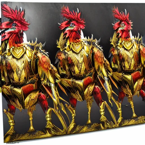 Image similar to fantasy art 4 k photo of roosters in very detailed shiny plate armor engraved in gold ready for battle