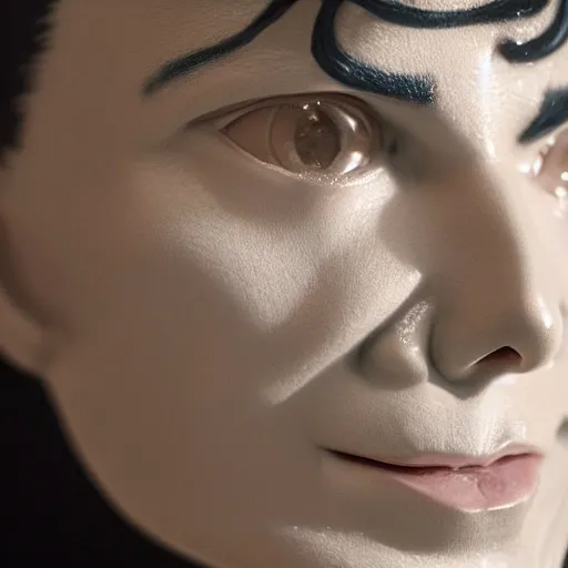 Image similar to a porcelain sculpture of michael jackson's face in the style of thomas schutte, lucid dream series, cinematic, hyper - realistic, very detailed, ray tracing, 8 k resolution, long - shot, sharp focus, low angle, 8 5 mm photograph, wide lens