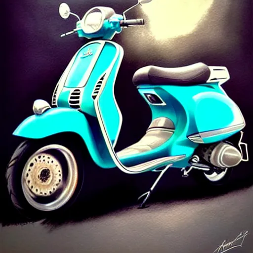 Image similar to a turquoise vespa moped, realistic, concept art, intricate details, detailed, rim light, photorealistic, pencil and watercolor, art by artgerm and greg rutkowski