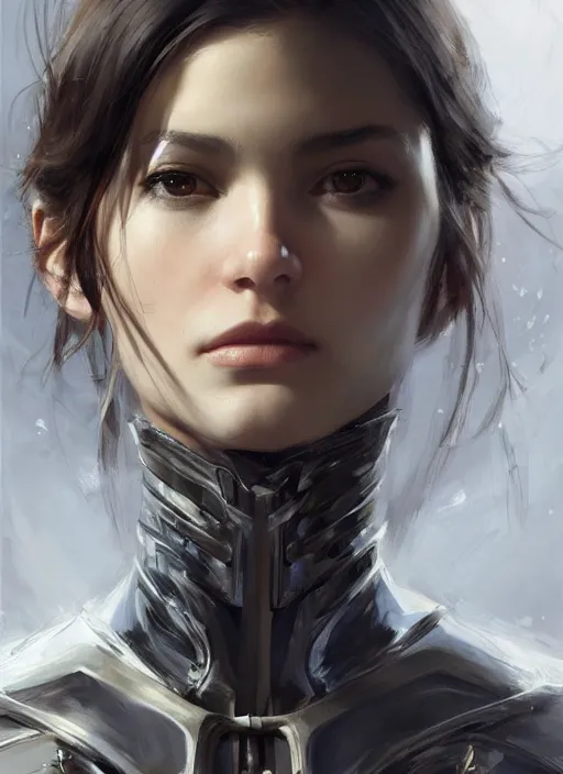 Image similar to a professional painting of a beautiful young female, clothed in military armor, olive skin, long dark hair, beautiful bone structure, symmetrical facial features, intricate, elegant, digital painting, concept art, smooth, sharp focus, illustration, from Metal Gear, by Ruan Jia and Mandy Jurgens and Artgerm and William-Adolphe Bouguerea