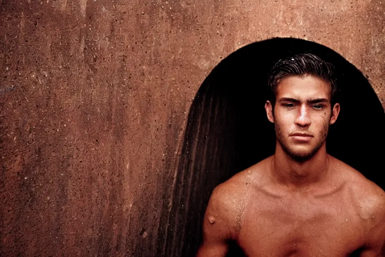 Image similar to a closeup cinematic!! headshot photograph!! of a male model wearing a ripped shirt, stood in a tunnel, rain, dirt, film still, cinematic lighting, by bill henson