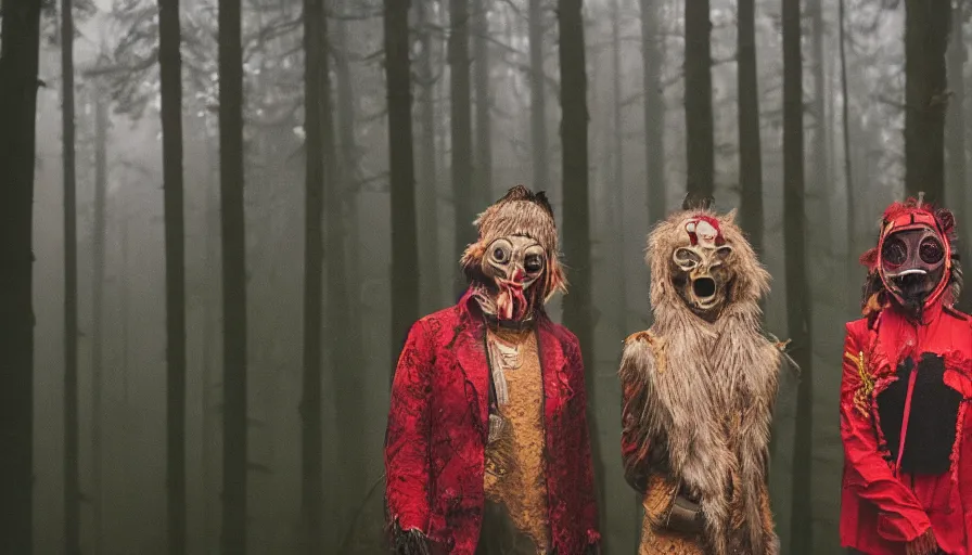 Image similar to high realistic photo portrait of esoteric tribes members with taxidermic flesh bloody jaw mask and elaborate red clothes in a foggy forest, cinestill 800t 35mm, heavy grain, high quality,