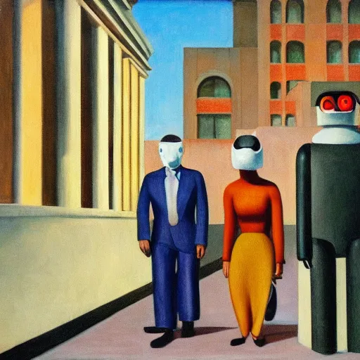 Image similar to drab workers wearing masks walking along cloisters, vault, rotunda, brutalist courtyard, watched by robots, dystopian, pj crook, edward hopper, oil on canvas