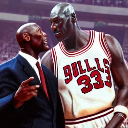 Prompt: Michael Jordan holds a mic at Jordan, highly detailed, photo realistic