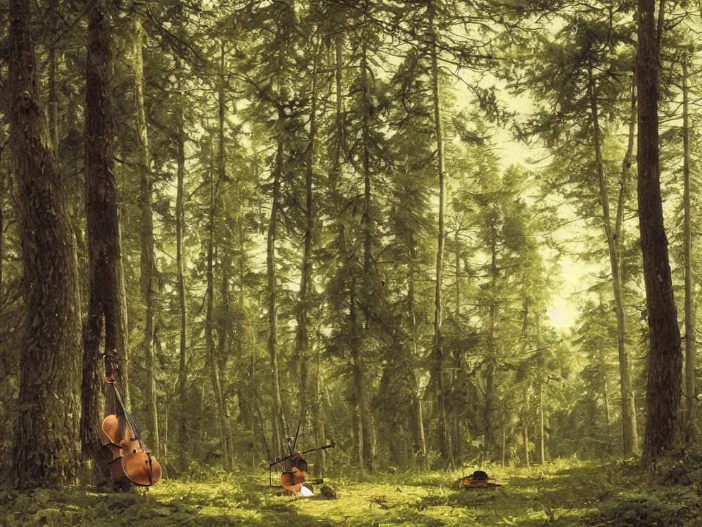 Prompt: forest scene with a single cello leaning on a tree, intricate, beautiful, highly detailed, elegant, artstation, concept art, smooth and sharp focus, illustration, painting by ivan shishkin and isaak ilyich levitan