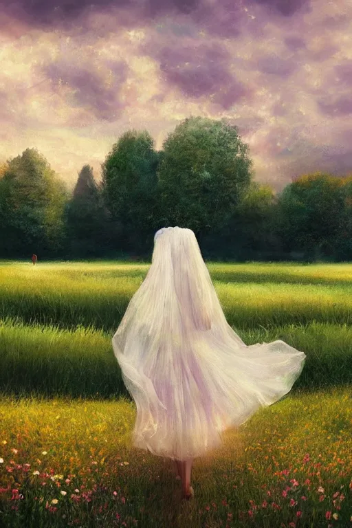 Image similar to giant white daisy flower veil head, girl walking in a flower field, surreal photography, sunrise, dramatic light, impressionist painting, colorful clouds, digital painting, artstation, simon stalenhag