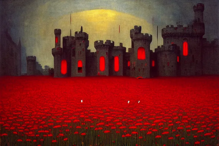 Image similar to only with red, red flowers of different types, a red tiger, a castle in the background, medieval demons dance over the flowers, an ancient path, in the style of beksinski, part by hopper, part by rodcenko, part by hofbauer, intricate composition, red by caravaggio, insanely quality, highly detailed, masterpiece, red light, artstation