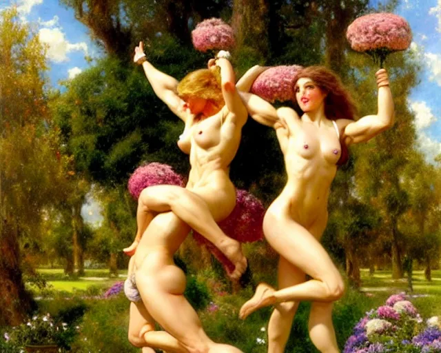 Prompt: muscular athena and muscular goddess frolic in a meadow of beautiful flowers, large topiary and marble pillars in the background, painting by gaston bussiere, craig mullins, j. c. leyendecker, tom of finland