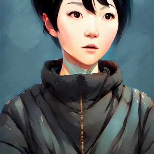 Image similar to character design portrait of a kind chinese grocery woman short black hair, wearing a down jacket, looking at the camera, 4 k, concept art, by wlop, wenjun lin, watercolor, ilya kuvshinov, artgerm, krenz cushart, pixiv.