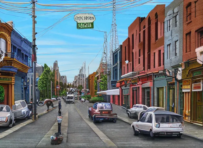 Image similar to north melbourne street, lowbrow, cables, matte painting, 3 - d highly detailed, in the style of mark ryden