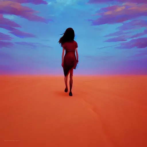 Prompt: closeup giant dahlia flower over body, a girl walking between dunes, surreal photography, sunrise, blue sky, dramatic light, impressionist painting, digital painting, artstation, simon stalenhag