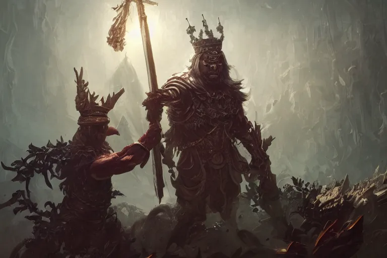 Image similar to ay cat wearing a crown and cape wielding a scepter fighting a muscular tunisian man wearing shrubbery, fantasy, digital painting, volumetric light, intricate, sharp, focus, bloom, illustration, highly detailed, concept art, matte, ruan jia, randy vargas, greg rutkowski