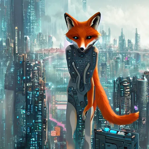 Image similar to an anthropomorphic fox, holding her paws together behind her back staring over a futuristic city from the top of a roof, highly coherent, trending on furaffinity, cyberpunk