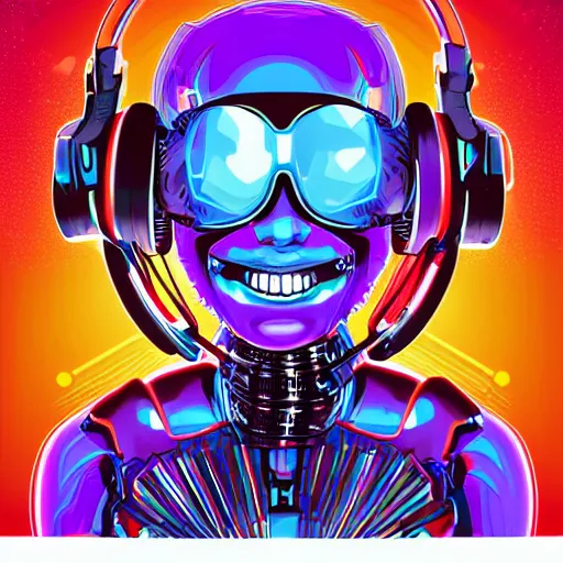 Image similar to artgerm, psychedelic laughing cybertronic robot, rocking out, headphones dj rave, digital artwork, r. crumb, svg vector