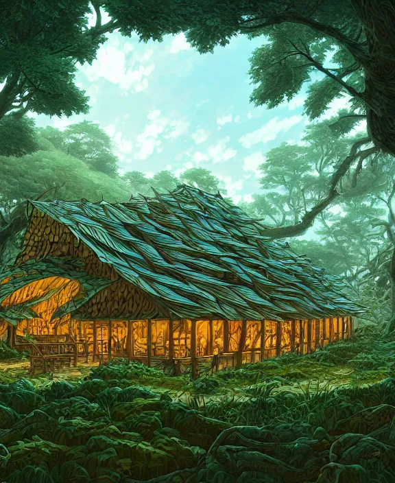 Image similar to a large schoolhouse made from leaves, overgrown with huge exotic fungus, deep in the woods, noon, sun drenched, partly cloudy, by dan mumford, yusuke murata, makoto shinkai, ross tran, cinematic, unreal engine, cel shaded, featured on artstation, pixiv