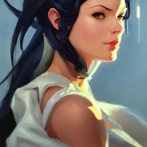 Image similar to greg manchess portrait painting of arwen as overwatch character, medium shot, asymmetrical, profile picture, organic painting, sunny day, matte painting, bold shapes, hard edges, street art, trending on artstation, by huang guangjian and gil elvgren and sachin teng