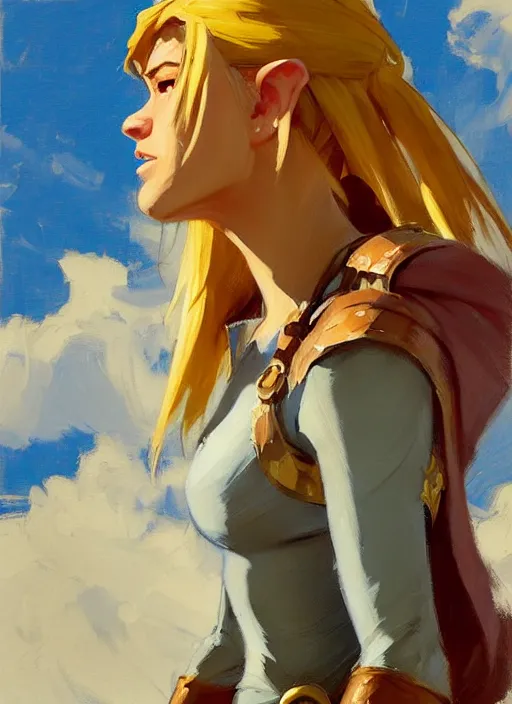 Prompt: Greg Manchess painting of a female Link from Legend of Zelda, countryside, calm, fantasy character portrait, dynamic pose, above view, sunny day, thunder clouds in the sky, artwork by Jeremy Lipkin and Giuseppe Dangelico Pino and Michael Garmash and Rob Rey, very coherent asymmetrical artwork, sharp edges, perfect face, simple form, 100mm
