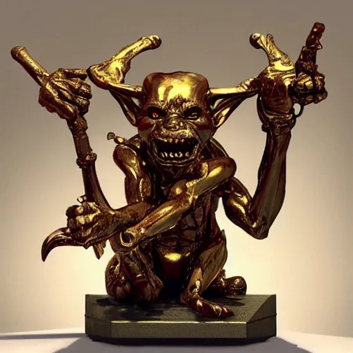 Image similar to Lucky Golden Goblin statue, bright art masterpiece artstation. hyper details, golden smooth material, sculpted by Alex Alice, Craig Mullins, yoji shinkawa, trending on artstation, beautifully lit, Peter mohrbacher, hyper detailed, insane details, intricate, elite, elegant, luxury, glittering light, CGsociety, hypermaximalist, golden ratio, treasure background, volumetric, octane render, weta digital, micro details, 3d sculpture