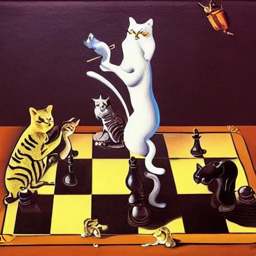 Image similar to dali surrealist painting of two cats playing chess