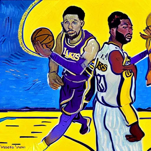 Prompt: the Los Angeles Lakers NBA team painted by Van Gogh