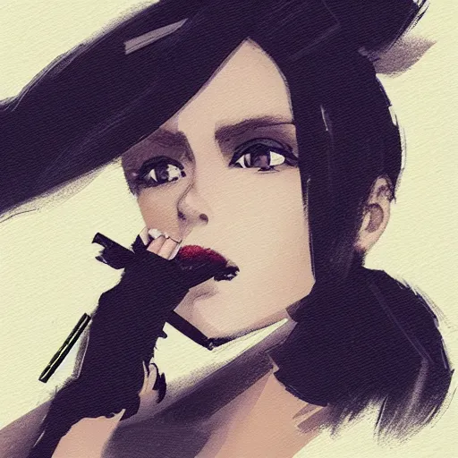 Image similar to Elegant woman in black dress and black bob hair, smoking a cigarette, sitting in dark room, smoke, smooth, sharp focus, by Akihiko Yoshida, Greg Tocchini, Greg Rutkowski, Cliff Chiang, 4k resolution, digital painting, small chromatic aberration