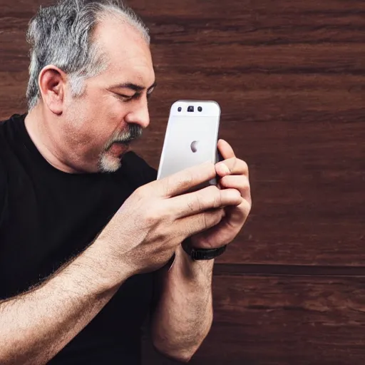 Prompt: a photo of a middle aged man that kisses his iphone in a very sensual manner, cinematic, hyper realistic, ultra detailed, realistic materials, 8 k