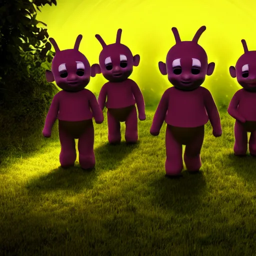 Prompt: A group of 4 Teletubbies that are part of a demonic cult, in the dense woods at night, laughing while in the act making a human sacrifice to Norse gods. Highly detailed, rendered in unreal engine 5, daguerreotype portrait.