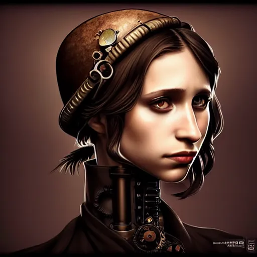 Image similar to in the style of pedro campos, diego fazio, artgerm, beautiful taissa farmiga, steampunk, elegant pose, middle shot waist up, symmetrical face symmetrical eyes, cinematic lighting, detailed realistic eyes, short neck, insanely detailed and intricate elegant