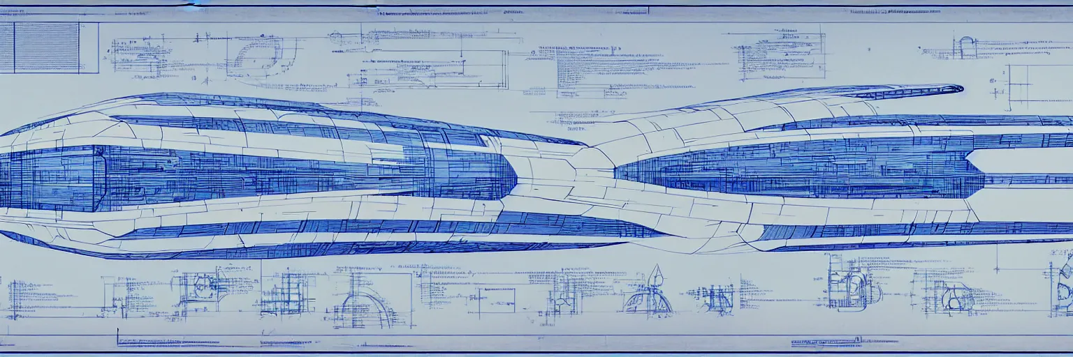 Image similar to blueprint for a sentient starship, technical drawing with annotations and notes in the margins, algorithms and physics equations, concept design by peter mohrbacher and craig mullins and hiroshi yoshida and james jean and frank frazetta and michael whelan and andreas rocha