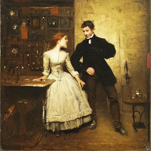 Prompt: young victorian man and woman solving a riddle in a dungeon, by alfred stevens