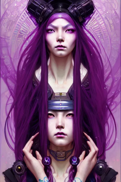 Prompt: portrait of a beautiful cyberpunk geishan woman with purple hair, beautiful symmetrical face, fantasy, regal, by stanley artgerm lau, greg rutkowski, thomas kindkade, alphonse mucha, loish, norman rockwell.