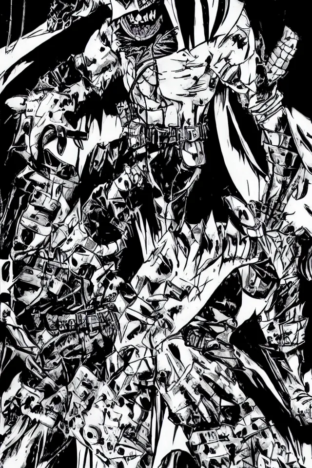 Image similar to The Batman Who Laughs Battles Batman In Hell, Yasushi Nirasawa Cartoon Anime Style