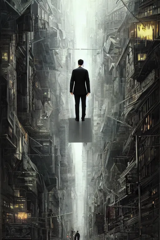 Prompt: Movie poster featuring a young salaryman in a black trench coat walking into through the distorted city, ultra-detailed digital art, Inception-inspired, highly detailed, digital painting, artstation, concept art, smooth, surrounded by a futuristic fantasy background, sharp focus, illustration, art, symmetry masterpiece by greg rutkowski and stephan martiniere