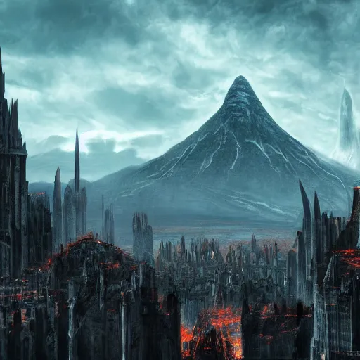 Prompt: mordor as a bustling city, extremely detailed, sharp focus, skyline, vast, gothic, lord of the rings, mount doom, 4 k, fantasy, concept art, gritty