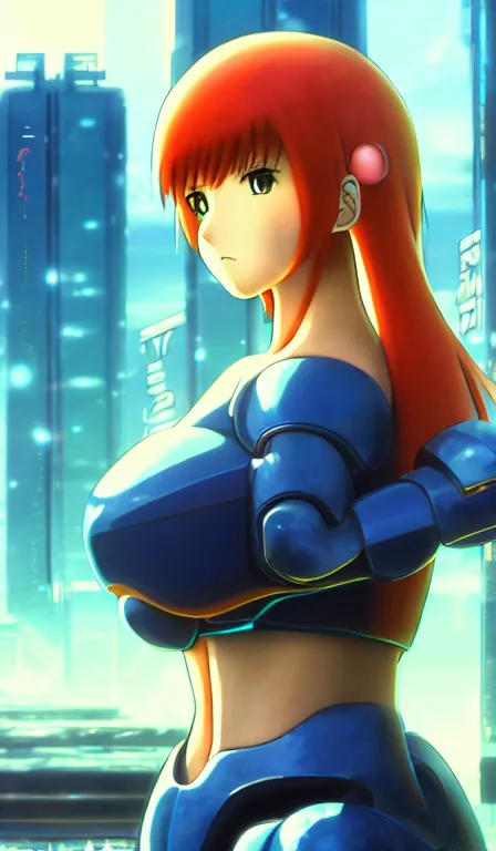 Image similar to anime fine details portrait of Samus in front of cyberpunk moder city landscape on the background deep bokeh, close-up view, anime masterpiece by Studio Ghibli. 8k, sharp high quality anime, artstation