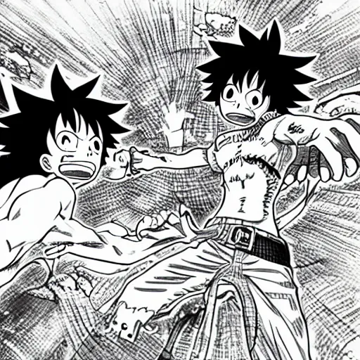 Image similar to midoriya versus luffy, Kazuki Takahashi, manga style, epic, intricate details, high details